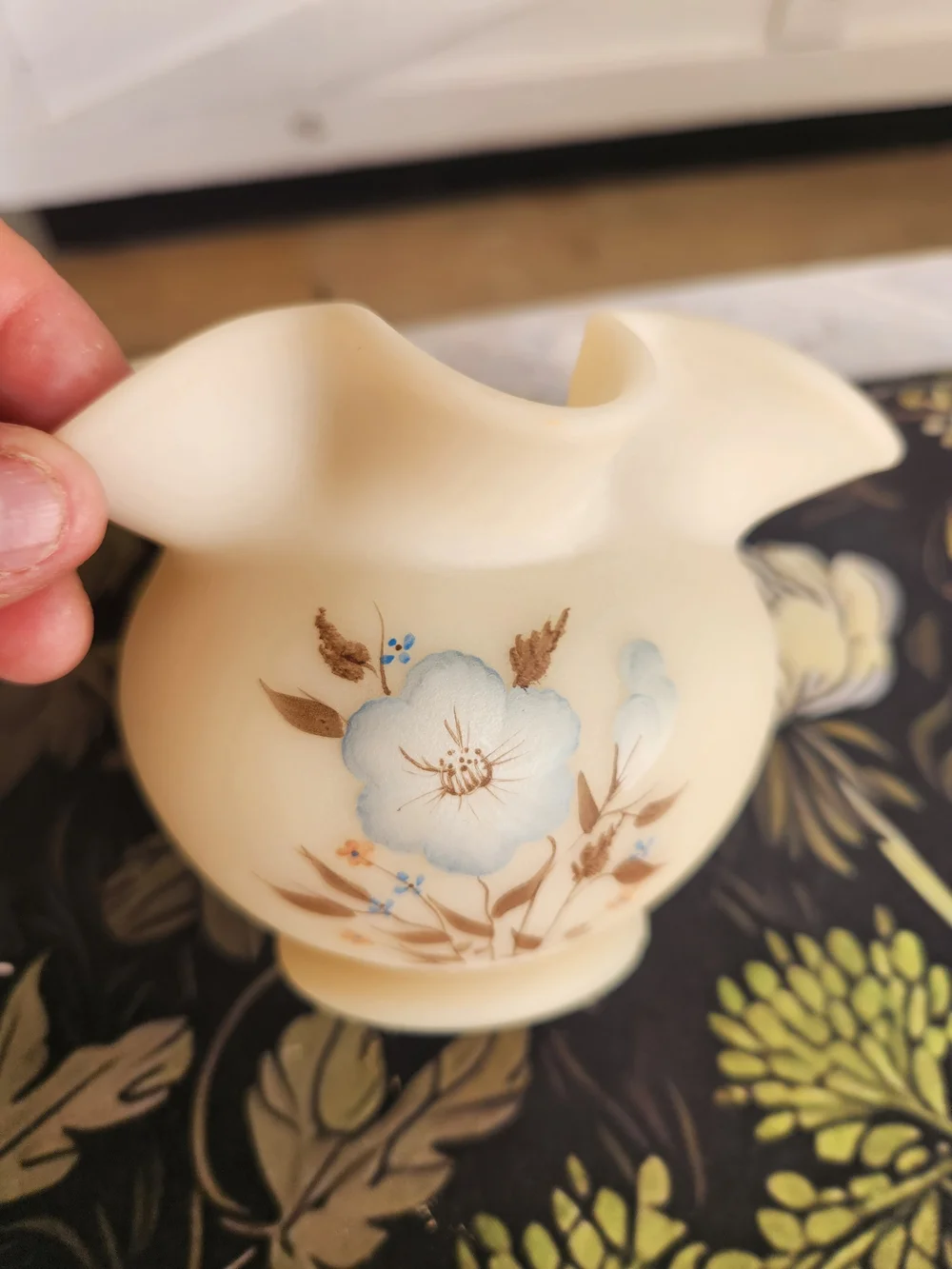 Fenton Cream Floral Ceramic Vase with Blue Accents